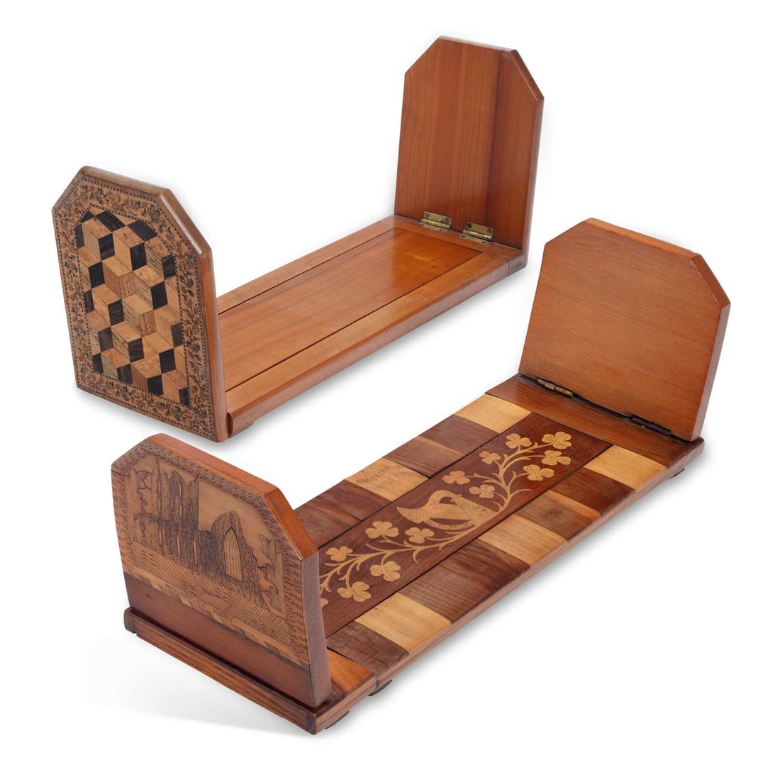 A 19TH CENTURY KILLARNEY WARE BOOK SLIDE AND A TUNBRIDGE WARE BOOK SLIDE: comprising the first inlaid to the centre with a harp among trailing shamrock, the banded ground of alternating light and dark timbers, the hinged ends decorated with views inscribed MUCKROSS ABBEY an
