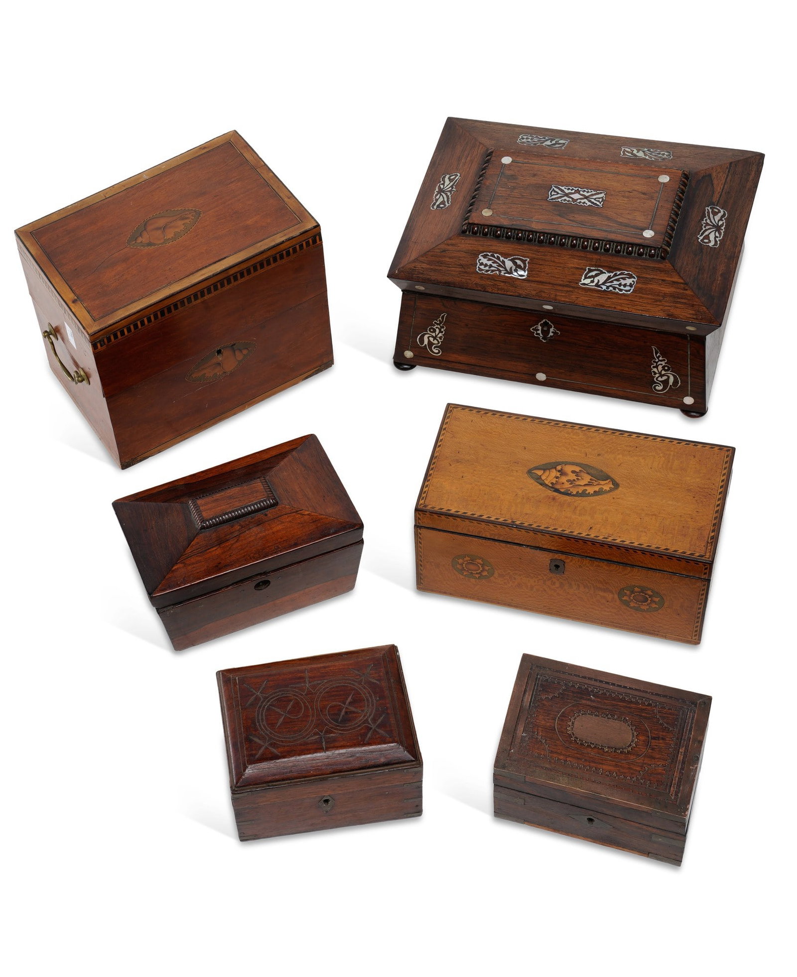SIX GEORGE III AND LATER TEA CADDIES AND BOXES (1 of 2)