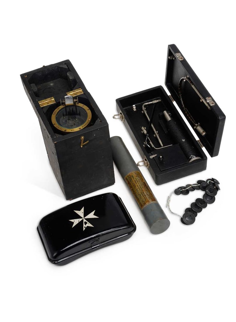 AN AIR MINISTRY HAND HELD COMPASS TOGETHER WITH A HYDROMETER, A TIN AND CASED INSTRUMENT - 2