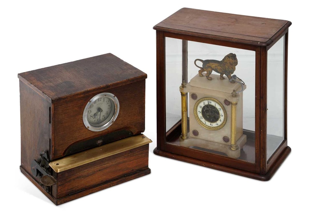 AN ALABASTER MANTEL CLOCK AND THREE OTHER CLOCKS - 2