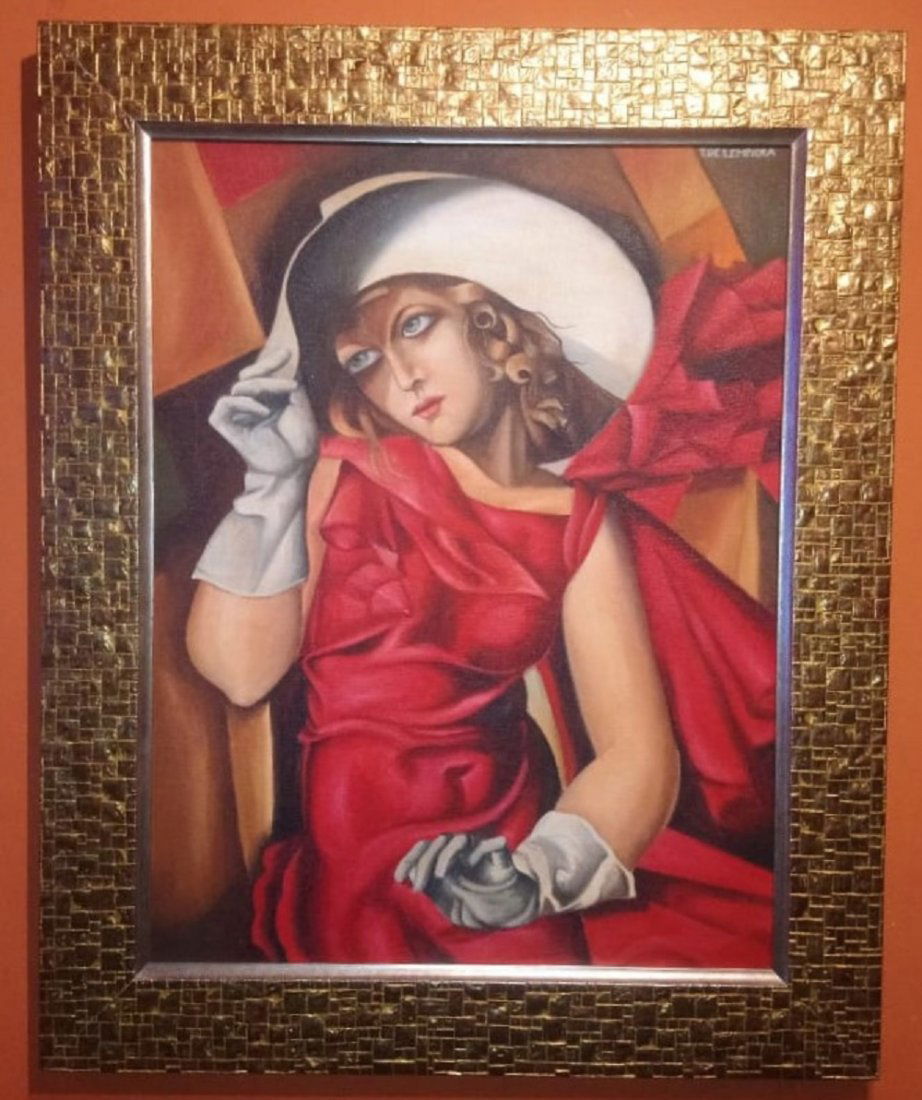 Tamara de Lempicka \"in the manner of\" Oil Painting: Description: Antique Oil canvas painting \"Attributed to Tamara de Lempicka\". * Jeune fille en vert Signed in the right upper corner Vtg Piece Dimensions: 32 x 24 Inches / 39 x 32 Framed Exquisite pa