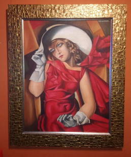 Tamara de Lempicka \"in the manner of\" Oil Painting: Antique Oil canvas painting \"Attributed to Tamara de Lempicka\". * Jeune fille en vert Signed in the right upper corner Vtg Piece Dimensions: 32 x 24 Inches / 39 x 32 Framed Exquisite painting &