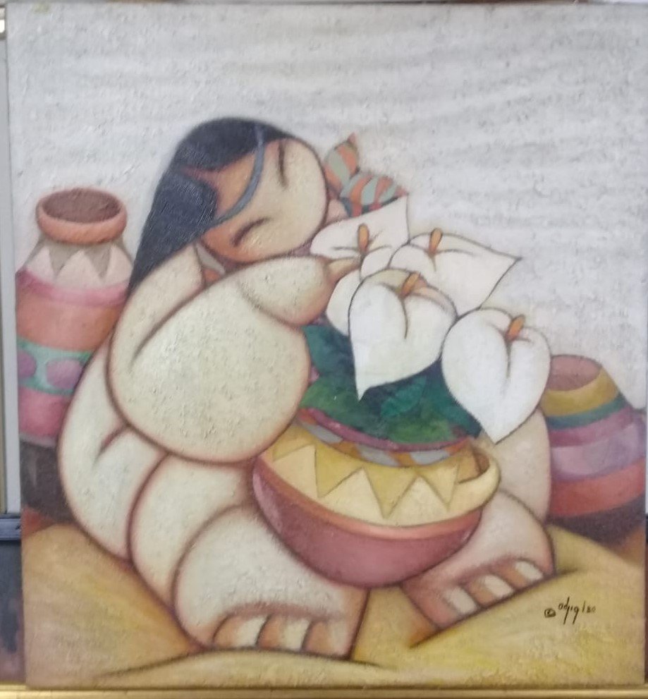 Contemporary master Daphne Odjig - Oil canvas piece: Antique painting 80's , Daphne ODjig , Canadian artist Measures : 28.5 × 26.3 inchesOil canvas painting - Nice " Indian girl with flowers"Daphne Odjig is a Canadian First Nations artist from the Odaw