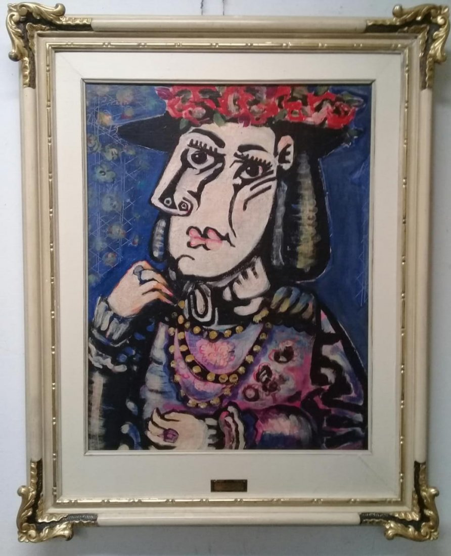 PABLO PICASSO Spanish 1881-1973 Oil canvas painting: Antique Oil Linen Canvas, Attributed to Spanish Master Pablo Picasso.******Measures: 27'5 x 22 inchesFramed dimensions: 38 x 30'5 inchesShipping to Worldwide Gold Frame , Plaque & stamp on the reverse
