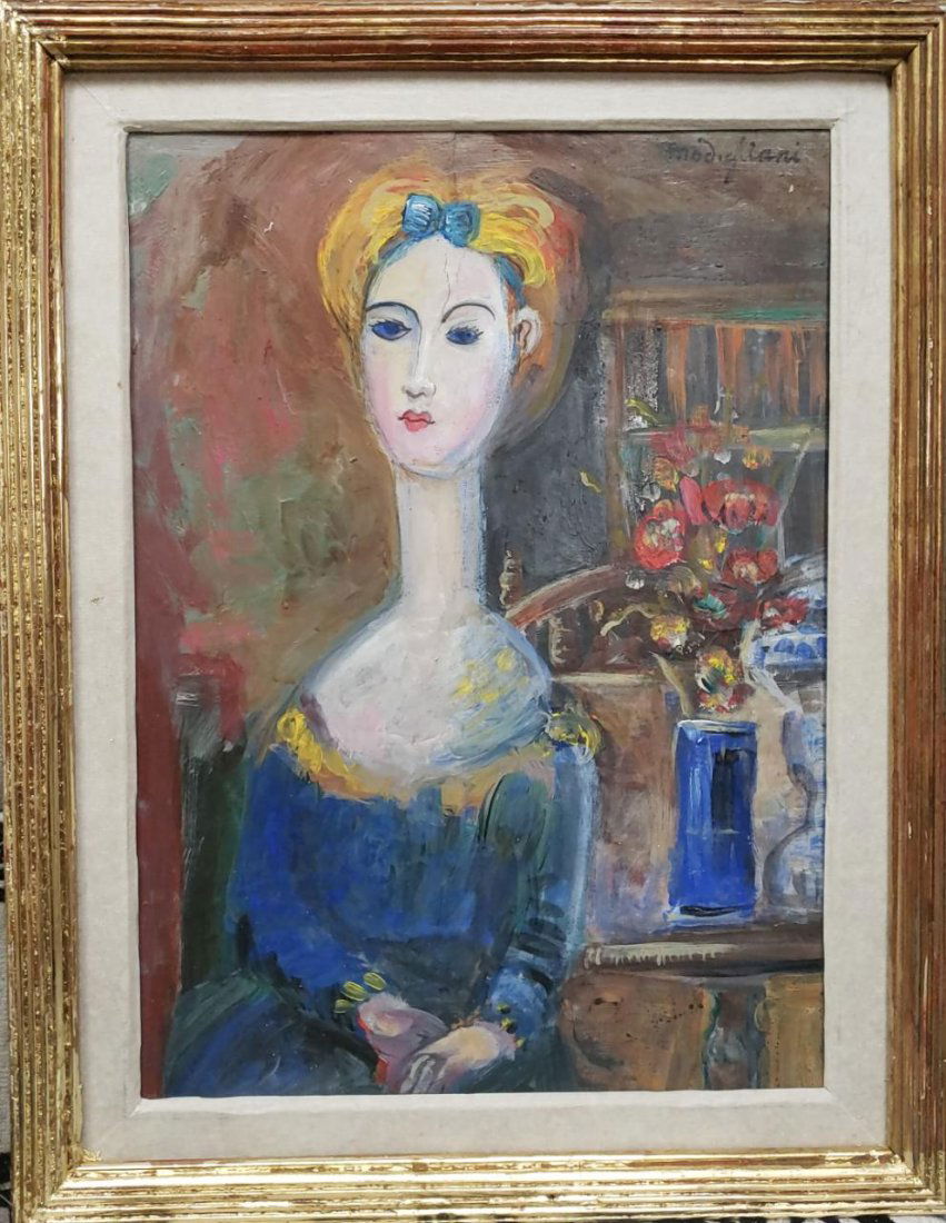 Amedeo Modigliani / signed work Oil painting: * Antique Oil painting in the manner of Amedeo Modigliani , Nice painting , great composition . Signed. ( Private Collection )Measures: 14 x 10.5 inches ( painting ) / 17.5 x 13.5 Inches ( Frame).Ship