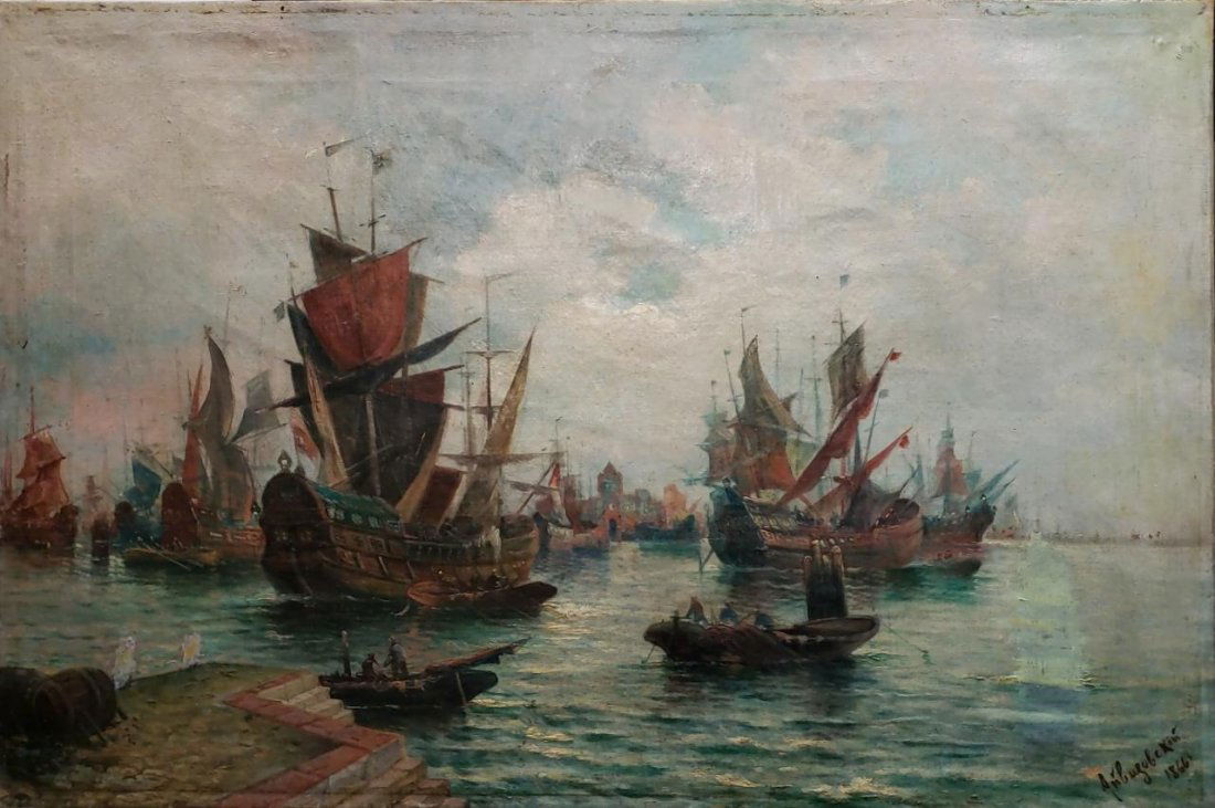 Maritime WAr battleship Ivan Aivazovsky (1817 - 1900): Master Ivan Aivazovsky, Russian (1817 - 1900) Antique oil canvas painting attributed_.Measures: 21 x 31 inches._Shipping to Worldwide***One of the most prominent Russian artists of his time, Aivazovsk