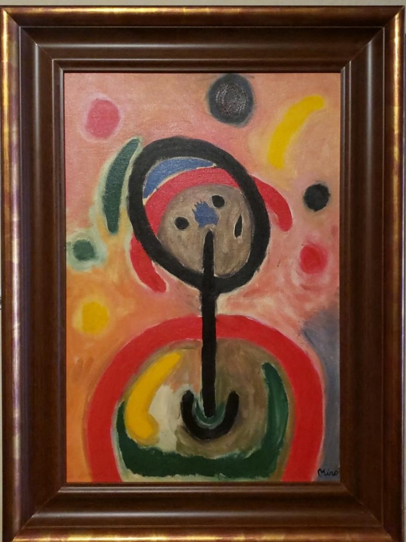 Joan Miró - Oil canvas painting "Attributed" Galerie US: * Antique VTG Piece , Attributed to master spanish: JOAN MIRÓ 1893 - 1983 / Oil Canvas / Knoedler Gallerie Dimensions: Painting : 22.5 x 15 .5 InchesFramed: 29 x 21.5 Inches.*SHIPPING To WORLDWIDE