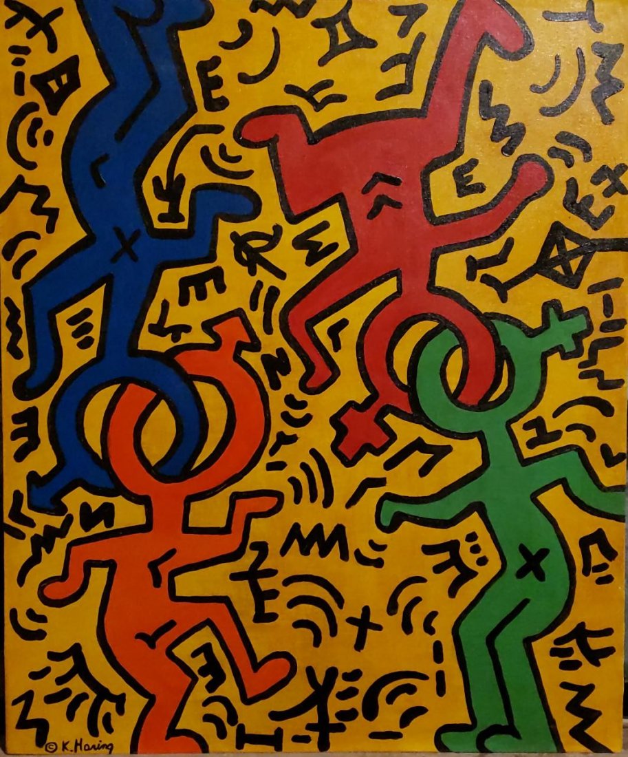 Keith Haring painting oil canvas - Attributed artwork: Antique Oil canvas painting attributed to artist Keith Haring. Sold as see .*Measures is 23.5 x 19.5 inches. **Shipping to Worldwide