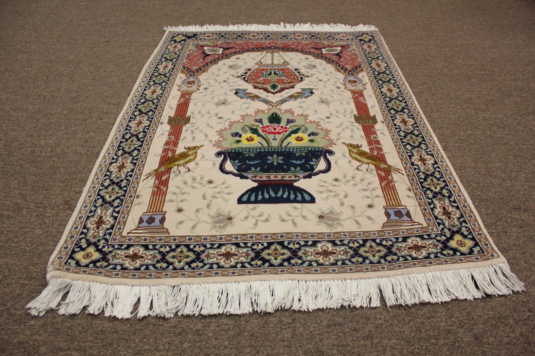 VINTAGE ISFAHAN VASE DESIGN, 2'8" X 3'7", 82 X 109 CM: Among the finest handmade rugs ever made, Isfahan (Esfahan) rugs are the pinnacle of the Persian rug. In an enchanted city, renowned for its taste and finesse, these rugs are of great delicacy and utm