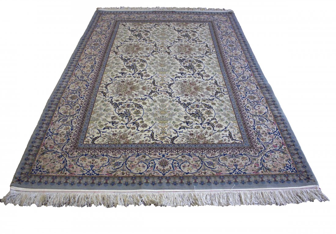 RARE ISFAHAN ASGHAR RASOULI, 5'1" x 7'10", 155 X 239 CM: Provenance: Isfahan, Persia. Workshop: Asghar Rasouli, Rasoul Abbasi. Date: early 21st century. Knot Density (sq inches): 756. Weave: hand-knotted. Warp (foundation): pure silk. Pile: virgin wool & pu