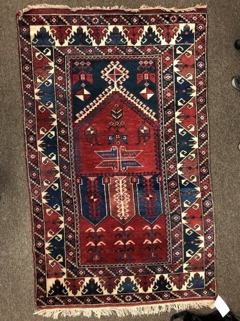 VINTAGE WOOLLEN TRIBAL RUG, 3'11" X 6'2", 120 X 188 CM: Region: Central Asia. Date: circa late 20th century. Knot Density (sq inches): 96. Weave: hand-knotted. Warp (foundation): wool. Pile: wool. Dimensions (ft): 3'11" x 6'2". Dimensions (cm): 120 x 188. 