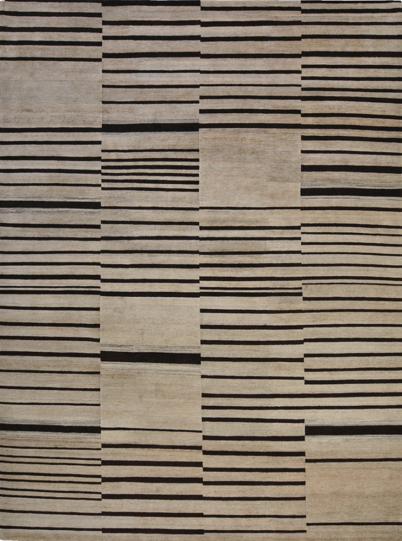 STILE BK, SB OSAKA, MODERN HANDKNOTTED RUG, 9'x12': Region: Kathmandu, Nepal. Designed in: Italy. Designer rug (Brand): Stile BK. Name of Rug: SB Osaka. Primary colours: cream. Accent colours: brown. Age: new. Weave: hand-knotted. Warp (foundation): co