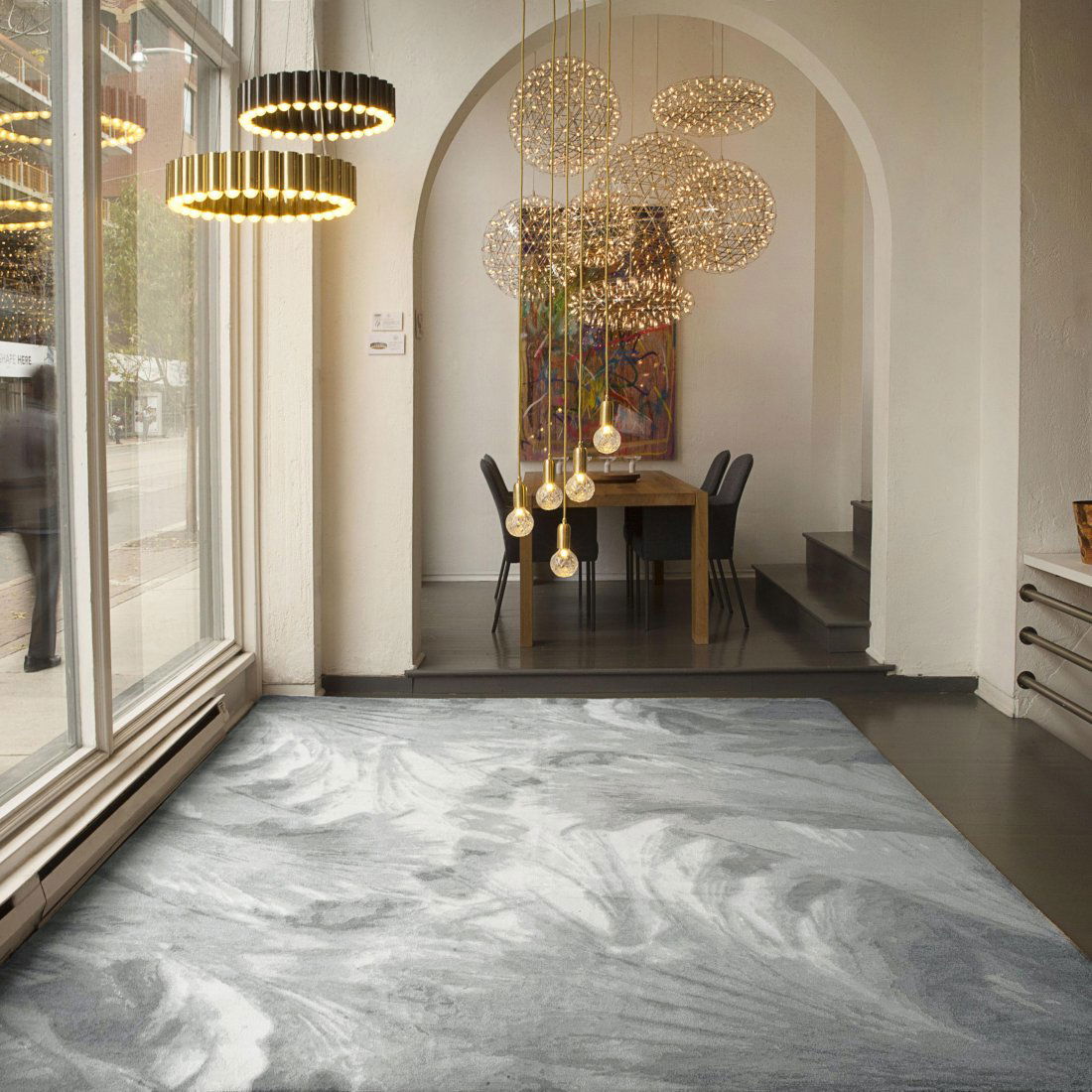 CRYSTALLIZE, CM, HANDKNOTTED MODERN, 8'6" X 10'6": Region: Kathmandu, Nepal. Designed in: Toronto, Canada. Designer rug (Brand): Creative Matters. Name of rug: crystallize. Colours: light grey, dark grey, ivory. Age: new. Weave: hand-knotted. Warp (fo