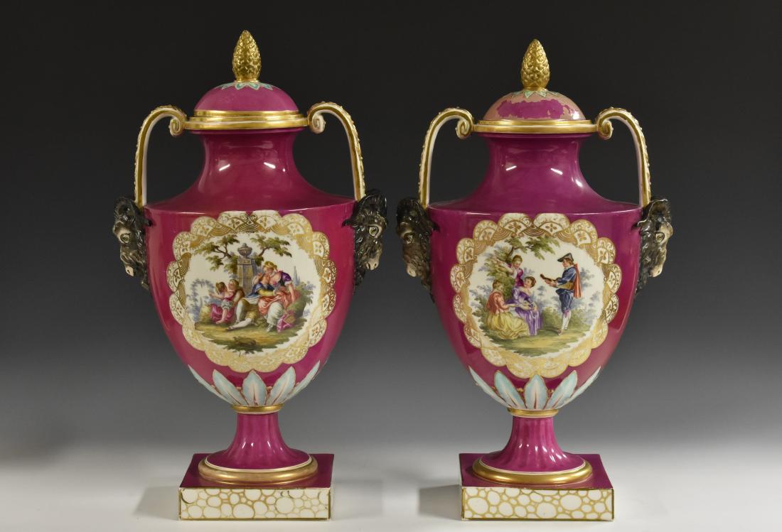 A large pair of Berlin two handled pedestal ovoid vases (1 of 1)