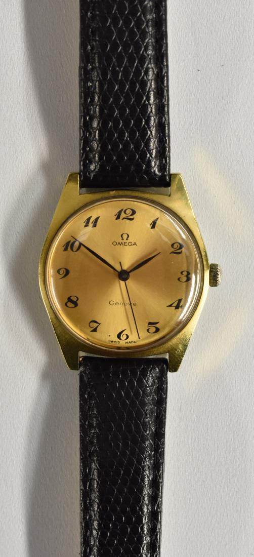 Omega - a retro 1970's Geneve wristwatch, gilt dial,: Omega - a retro 1970's Geneve wristwatch, gilt dial, Arabic Numerals, centre seconds, black hands, cal 601 17 jewel manual movement, serial No 32620395, brushed gilt case, stainless steel case back, N