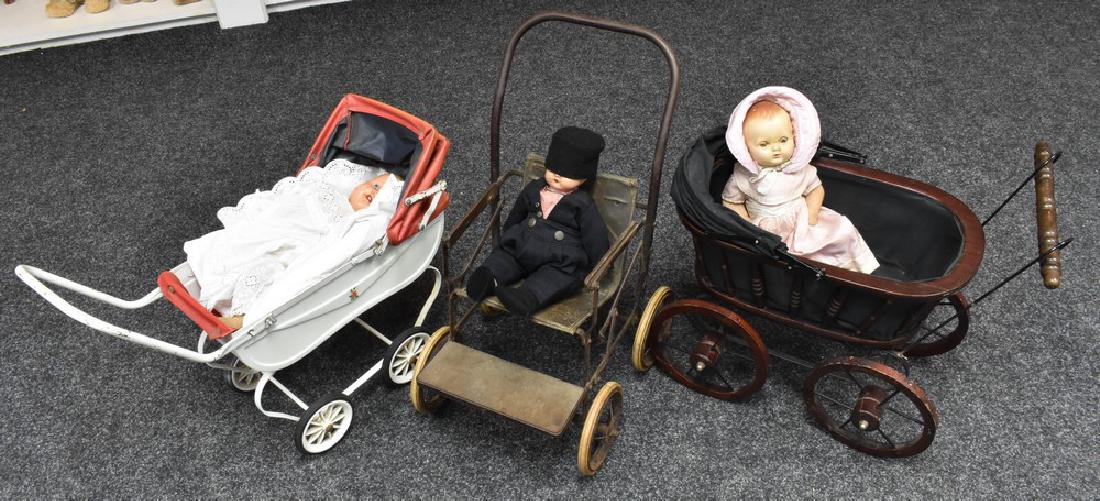 Dolls - a composite boy doll, painted blue eyes and: Dolls - a composite boy doll, painted blue eyes and features, moulded hair, closed mouth, red and white stripped vest; dark blue/black trouser suit, black Cossack type hat, black shoes, unmarked, 38cm