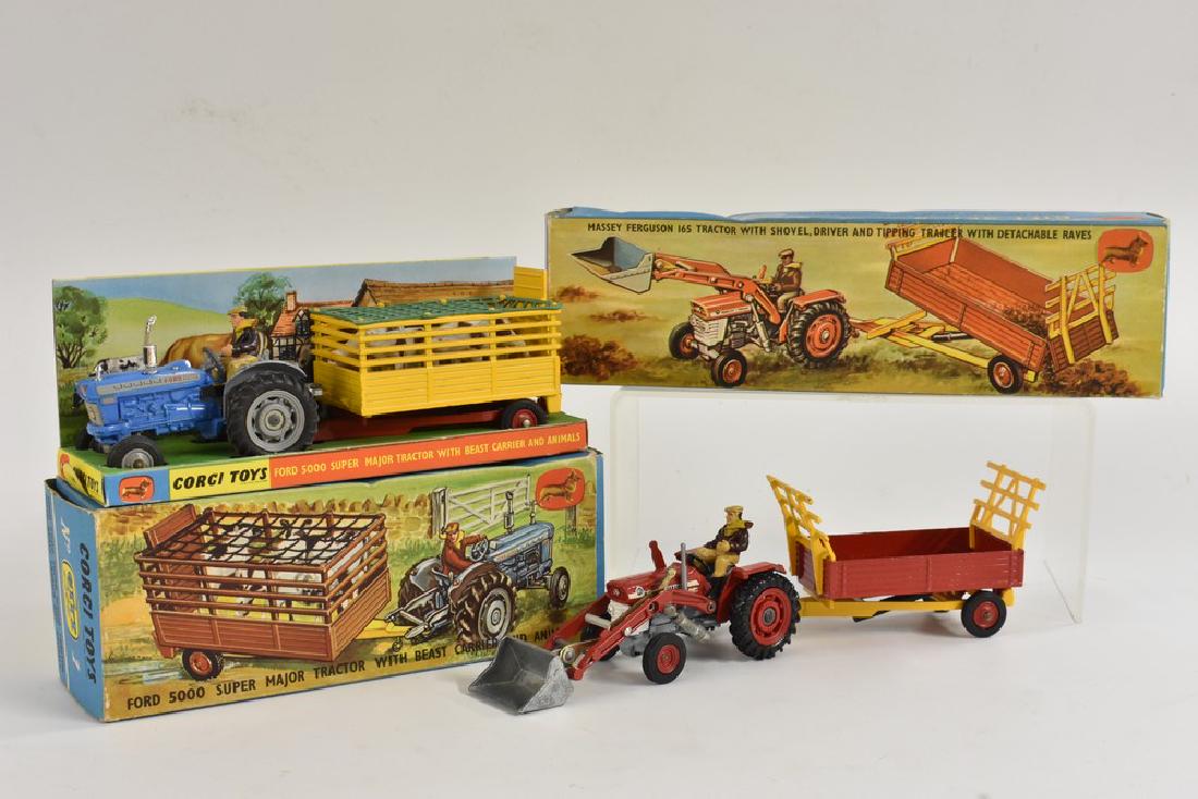 Corgi Toys die-cast model Gift Set No.1 Ford 5000 Super: Corgi Toys die-cast model Gift Set No.1 Ford 5000 Super Major with beast carrier and animals, in original box with picture display stand; another Gift Set no. 9 Massey Ferguson 165 Tractor with Shovel