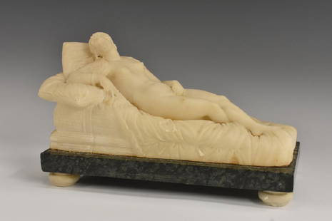 After Lorenzo Bartolini, a Grand Tour alabster: After Lorenzo Bartolini, a Grand Tour alabster sculpture, Venus Reclining, the composition based on Titian's Venus of Urbino, rectangular marble base, bun feet, 21cm wide