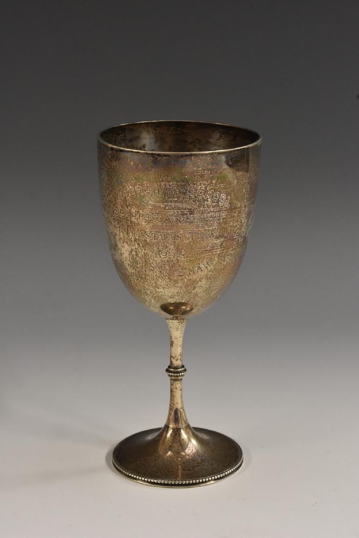 A Victorian silver hemi-ovoid pedestal goblet, beaded: A Victorian silver hemi-ovoid pedestal goblet, beaded knop and spreading foot, 14.5cm high, Charles Stuart Harris, London 1881