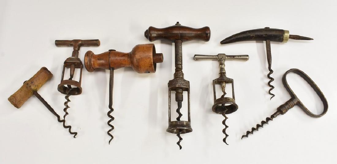 A German perpetual corkscrew, turned rosewood handle,: A German perpetual corkscrew, turned rosewood handle, 19cm long, c.1900; a 19th century boxwood combination direct-pull corkscrew and codd bottle opener, 13.5cm long, c.1880; others, various (6)