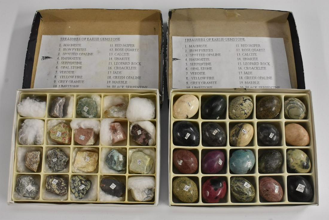 Geology - a set of twenty gemstone specimens, each: Geology - a set of twenty gemstone specimens, each labelled and corresponding to a key, boxed, 14cm wide overall; another set, polished egg shaped specimens, conforming (2)