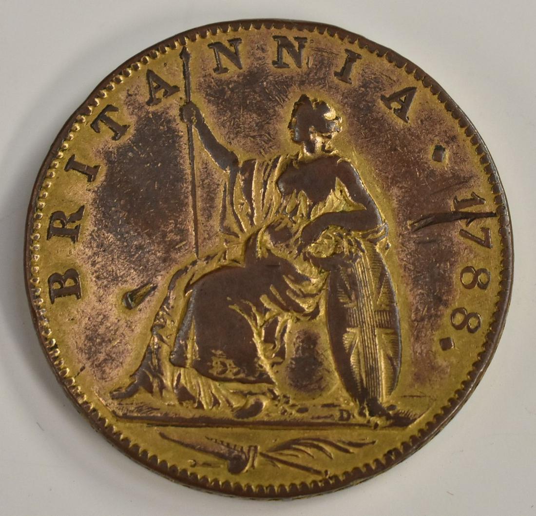 Coin, GB, Pattern halfpenny, George III 1788 restrike,: Coin, GB, Pattern halfpenny, George III 1788 restrike, gilded on copper, 31mm edge grained and banded, restrike by W J Taylor after original by J P Droz, Peck 1003 restrike 18, GF (1) William Joseph T