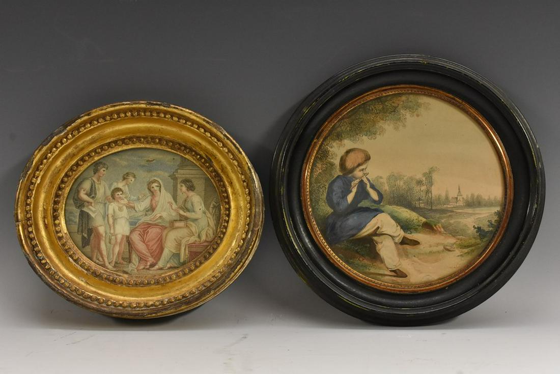 Francesco Bartolozzi (1727 - 1815), by, a scene from: Francesco Bartolozzi (1727 - 1815), by, a scene from antiquity, stipple engraving, oval, 10cm x 12.5cm; another engraving, of a young boy playing a flute, circular, 15.5cm diam (2)