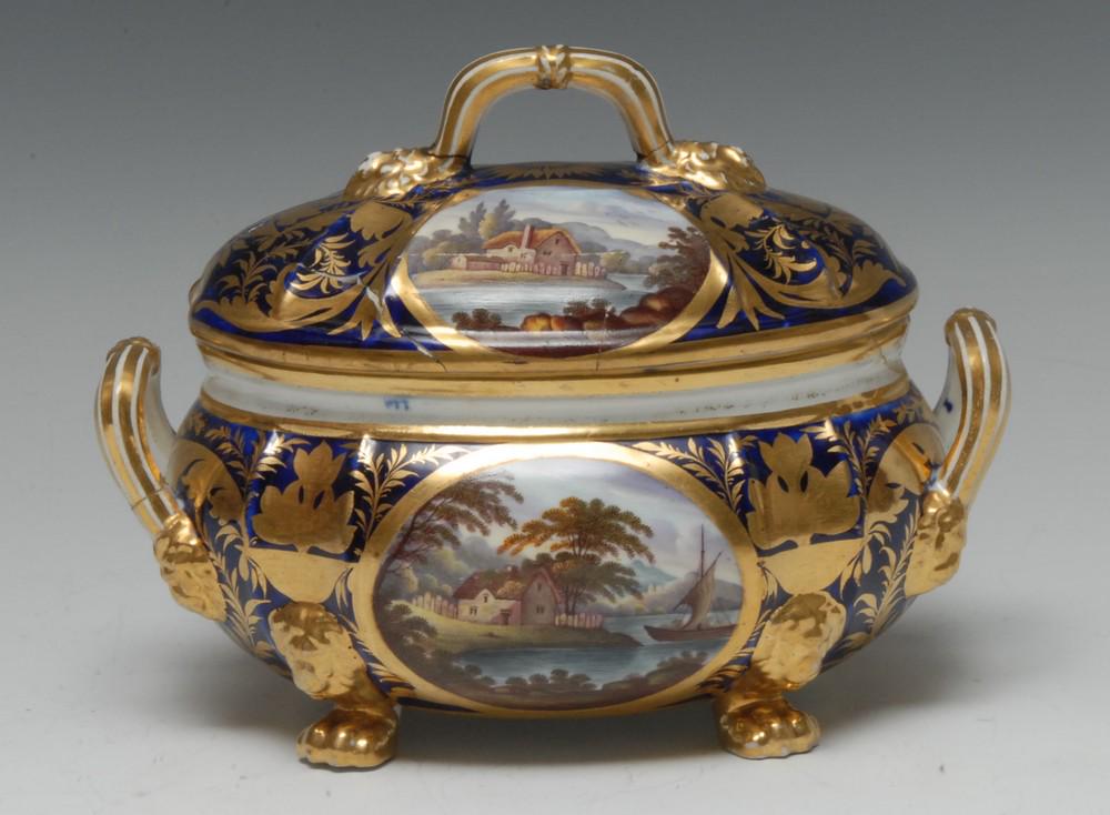 A Derby Named View two-handled lobed ovoid sauce tureen: A Derby Named View two-handled lobed ovoid sauce tureen and cover, decorated with On the River Trent and Near Mantina, Italy, 17cm wide, crown, crossed batons and D mark in red