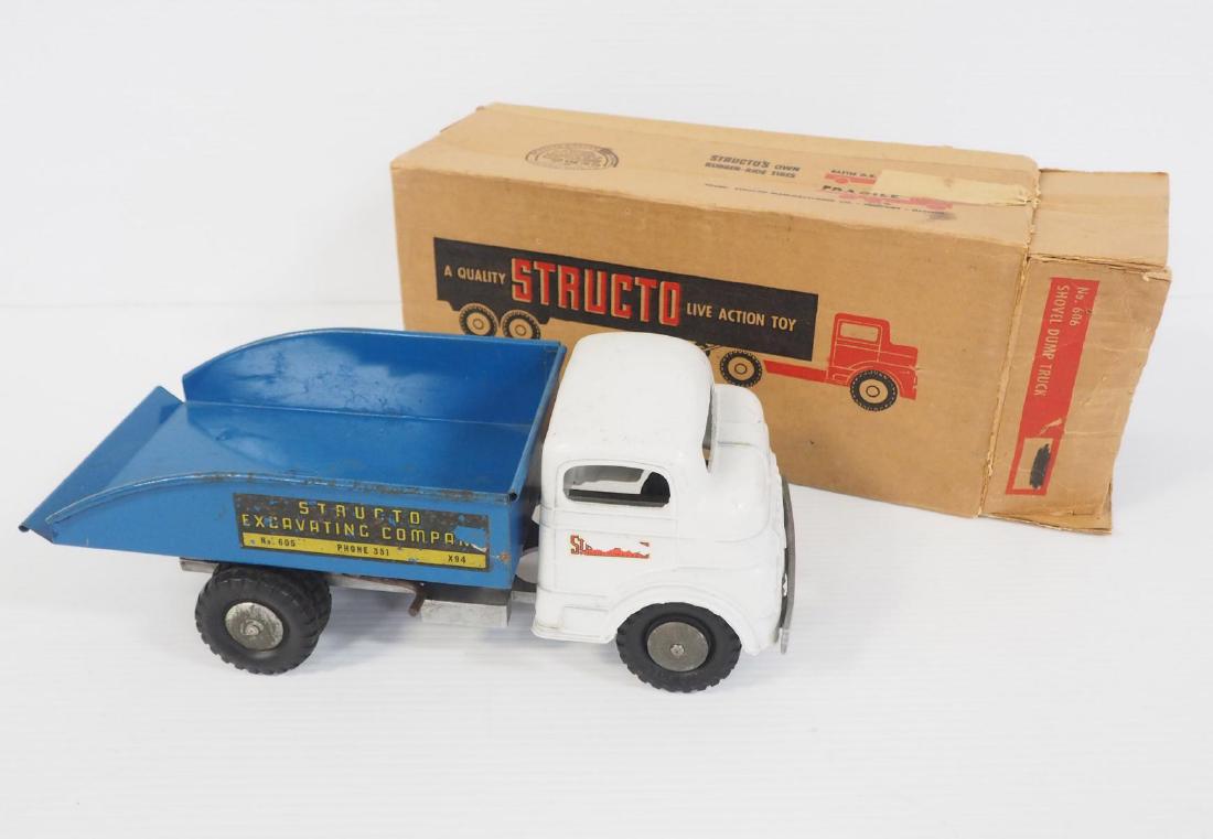 Structo shovel dump truck: Structo shovel dump truck with box - Good, box missing a flap