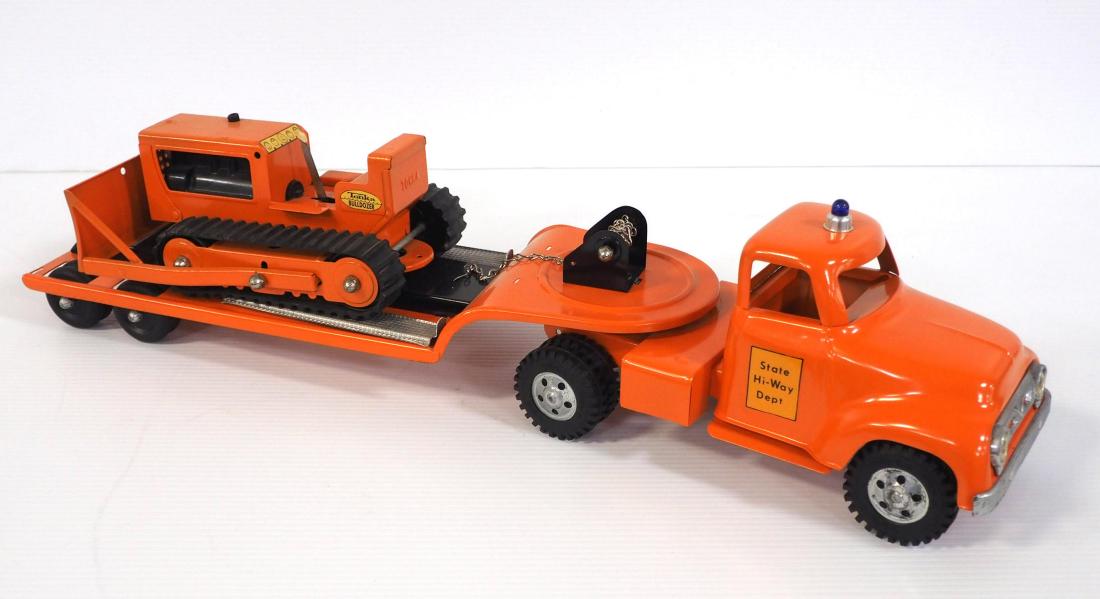 State Hi-way Dept truck & trailer: Tonka State Hi-way Dept truck with lowboy trailer with dozer - Excellent restored
