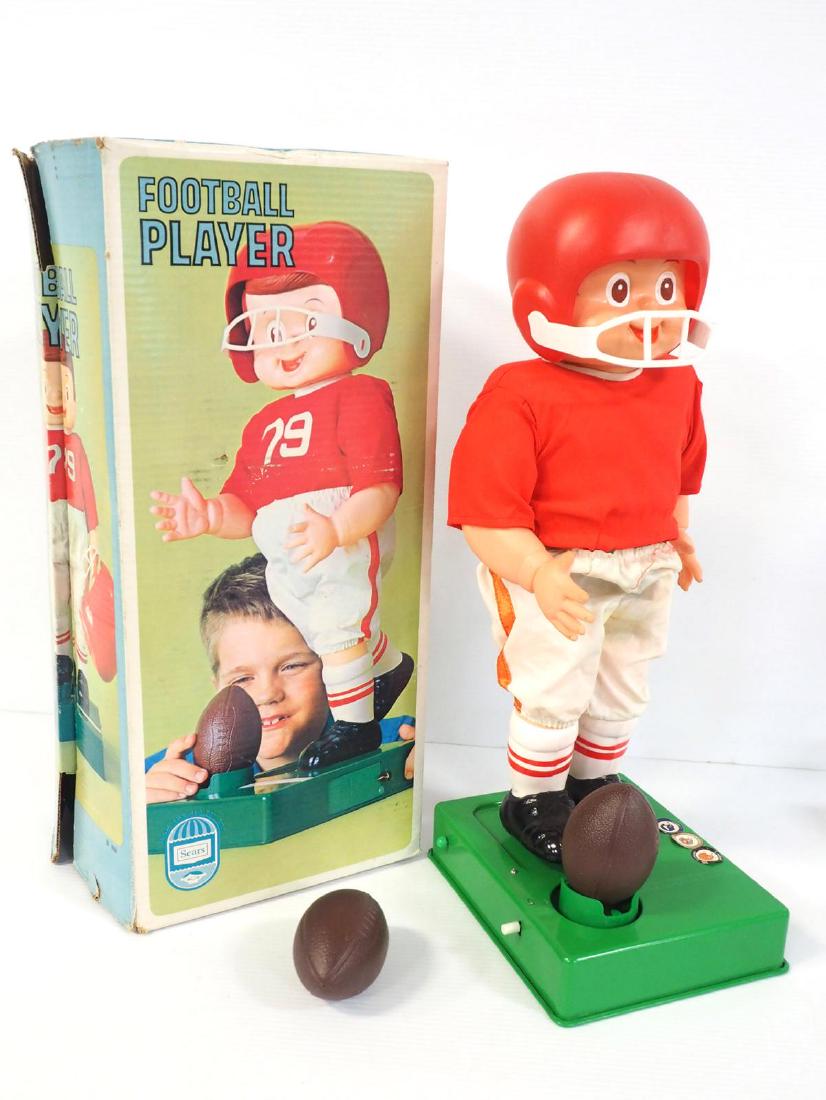 Sears battery-operated football player: Sears battery-operated football player, 23"H with helmet, 2 footballs and box, RARE! - Excellent, very clean, untested