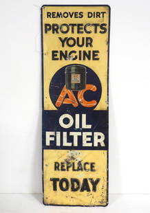 1935 A-C Oil Filters sign: 10"x30" 1935 SST embossed A-C Oil Filters sign, RARE! -Fair with lots of wear