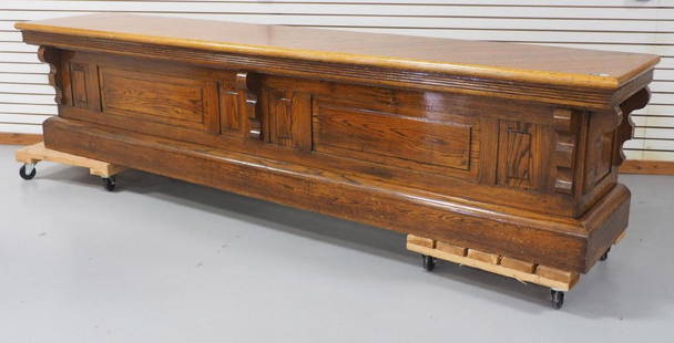 Traditional 142"L oak store counter: Traditional 142"L oak store counter, circa early 1900's -WILL NOT SHIP