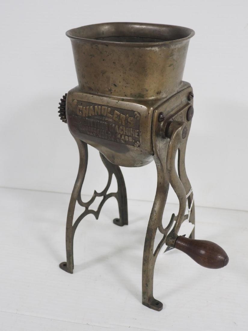 Chandler's Ice Cutting Machine: 12"H embossed brass Chandler's Ice Cutting Machine, hopper is engraved "Pharmacists"