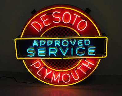 Desoto Plymouth neon sign: 45"dia. SSP Desoto Plymouth Approved Service neon sign, works! -Good with some touch-up, new can and neon, WILL NOT SHIP