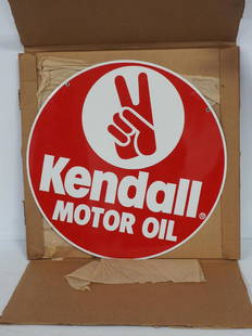 NOS Kendall Motor Oil sign: NOS 23"dia. DST Kendall Motor Oil sign -Mint in box