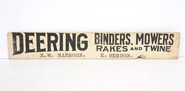 Deering Binders sign: 3'x6" wooden Deering Binders, Mowers, Rakes and Twine sign -Good