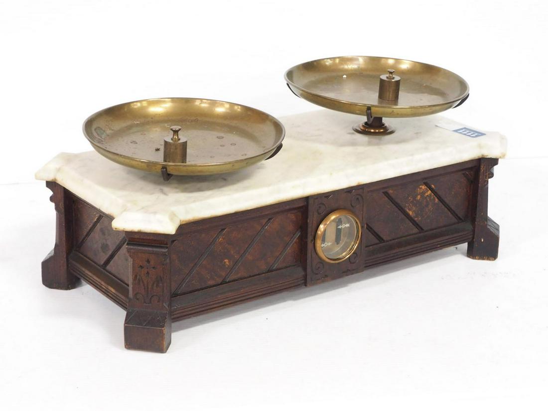 22"L Fancy marbletop scale: 22"L Fancy marbletop scale in walnut case with great patina, 2 brass pans & weights