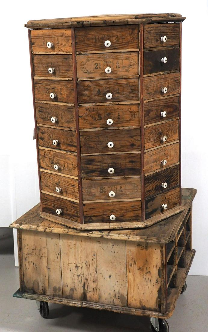 Revolving wooden bolt cabinet: 64-drawer, revolving wooden bolt cabinet -Fair, base has drawers missing, WILL NOT SHIP -see Terms