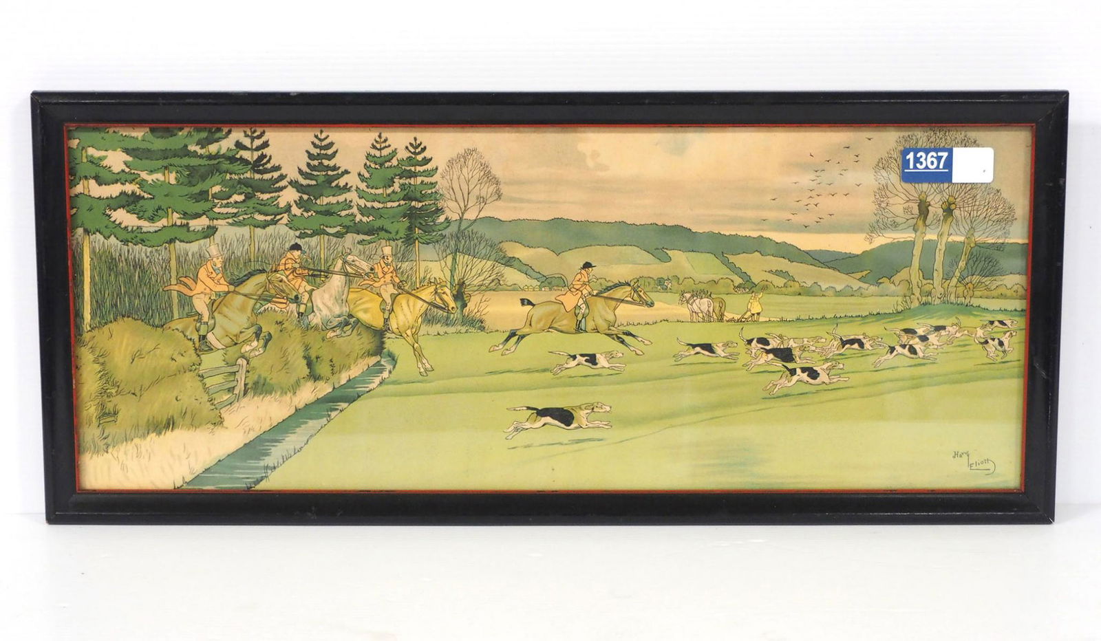 Harry Elliot lithograph of hunting scene: 29"x12" framed paper watercolor over lithograph stencil of dog hunting scene, by Harry Elliot