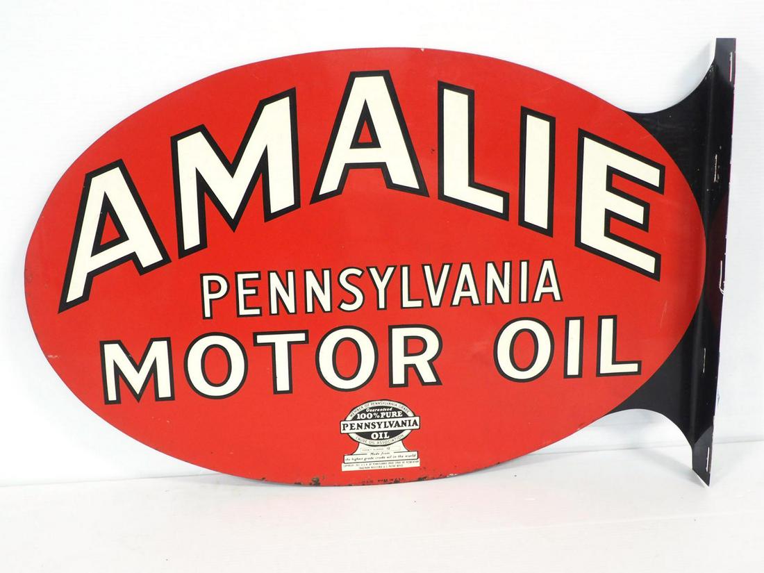 Amalie Motor Oil sign: 30"x20" DST flanged Amalie Motor Oil sign -Good with some paint flaking