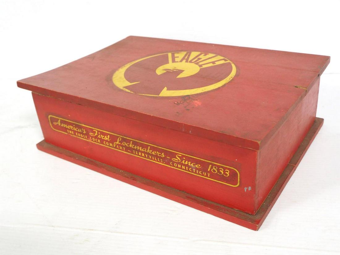 Salesman sample door locks: The Eagle Lock salesman sample door locks in wooden display box