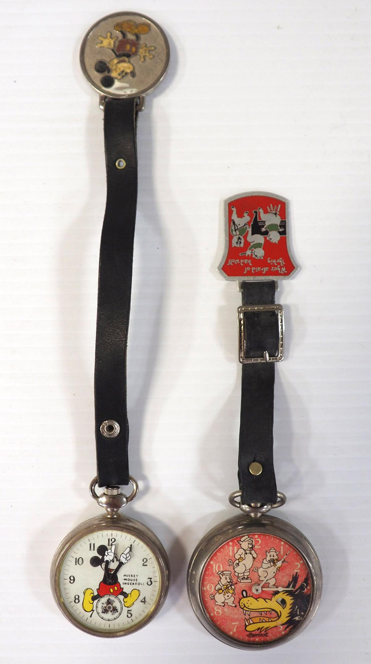 Walt Disney pocket watches by Ingersol: Walt Disney Mickey Mouse and RARE Big Bad Wolf pocket watches by Ingersol