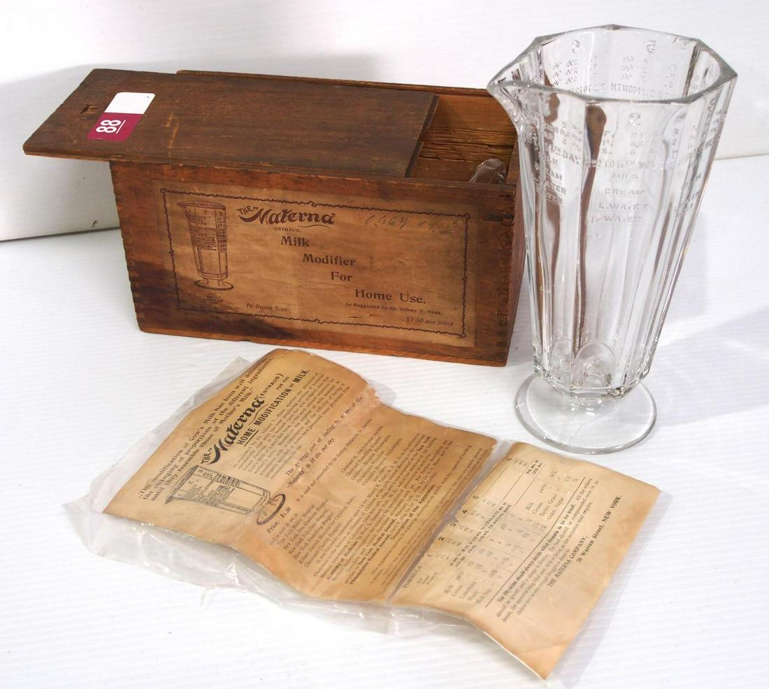 Maturna Milk Modifier: Maturna Milk Modifier with glass beaker, wood shipping box and directions for modifying cows milk to resemble mothers milk, RARE! -Near Mint