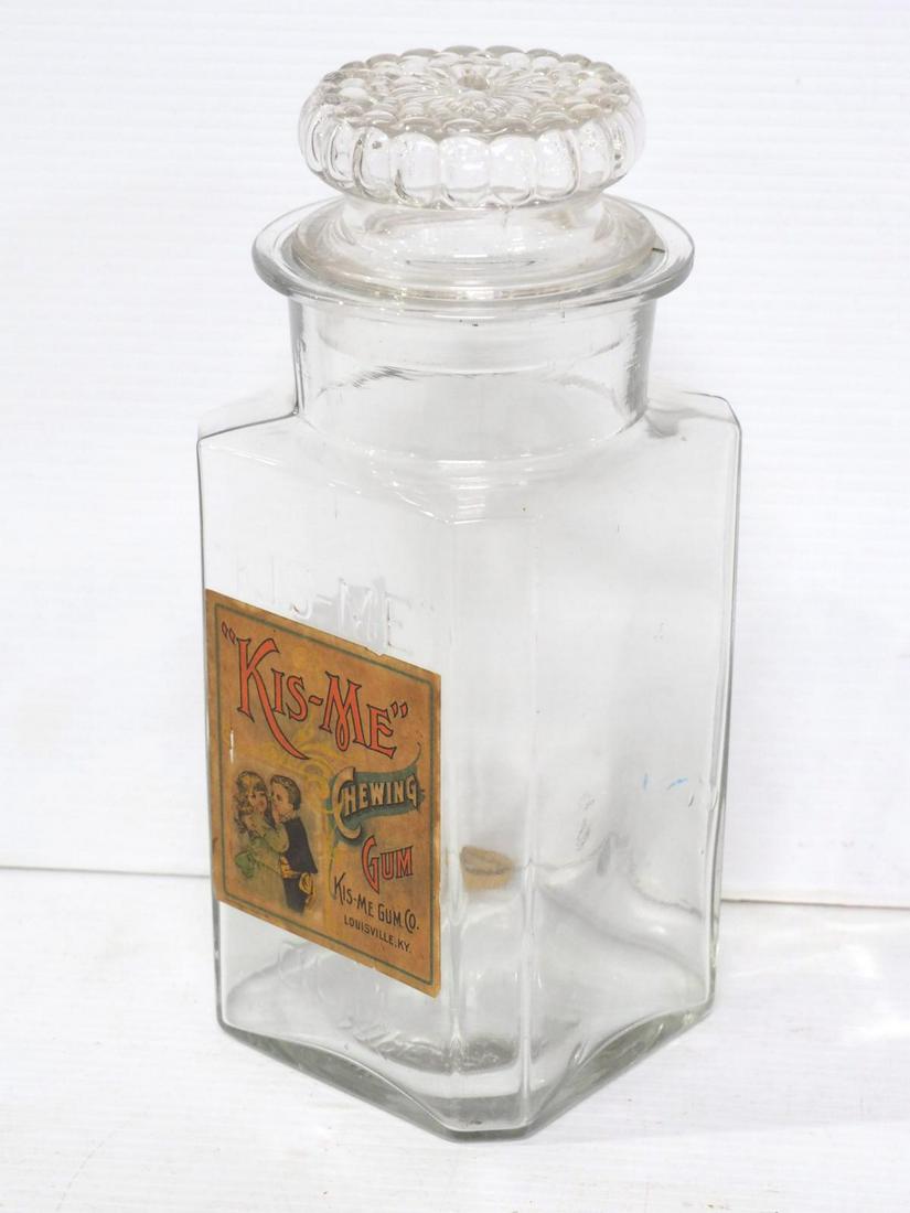 Glass Kis-Me Chewing Gum jar: Glass Kis-Me Chewing Gum jar with original label & embossing
