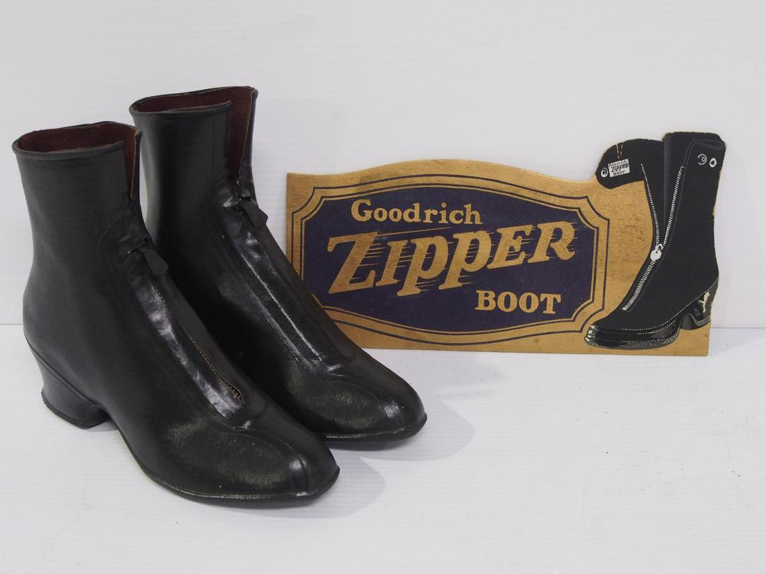 Goodrich Zipper Boot display sign & boots: 13"x6" cardboard Goodrich Zipper Boot stand-up display sign with pair of NOS zipper boots -Stand-up on sign is torn off