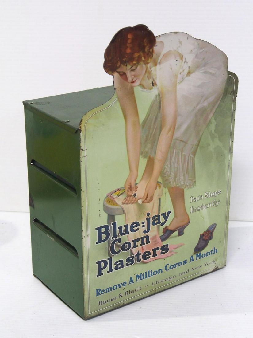 Blue Jays Corn Plasters display cabinet: 9"x13" tin Blue Jays Corn Plasters counter display cabinet -Good