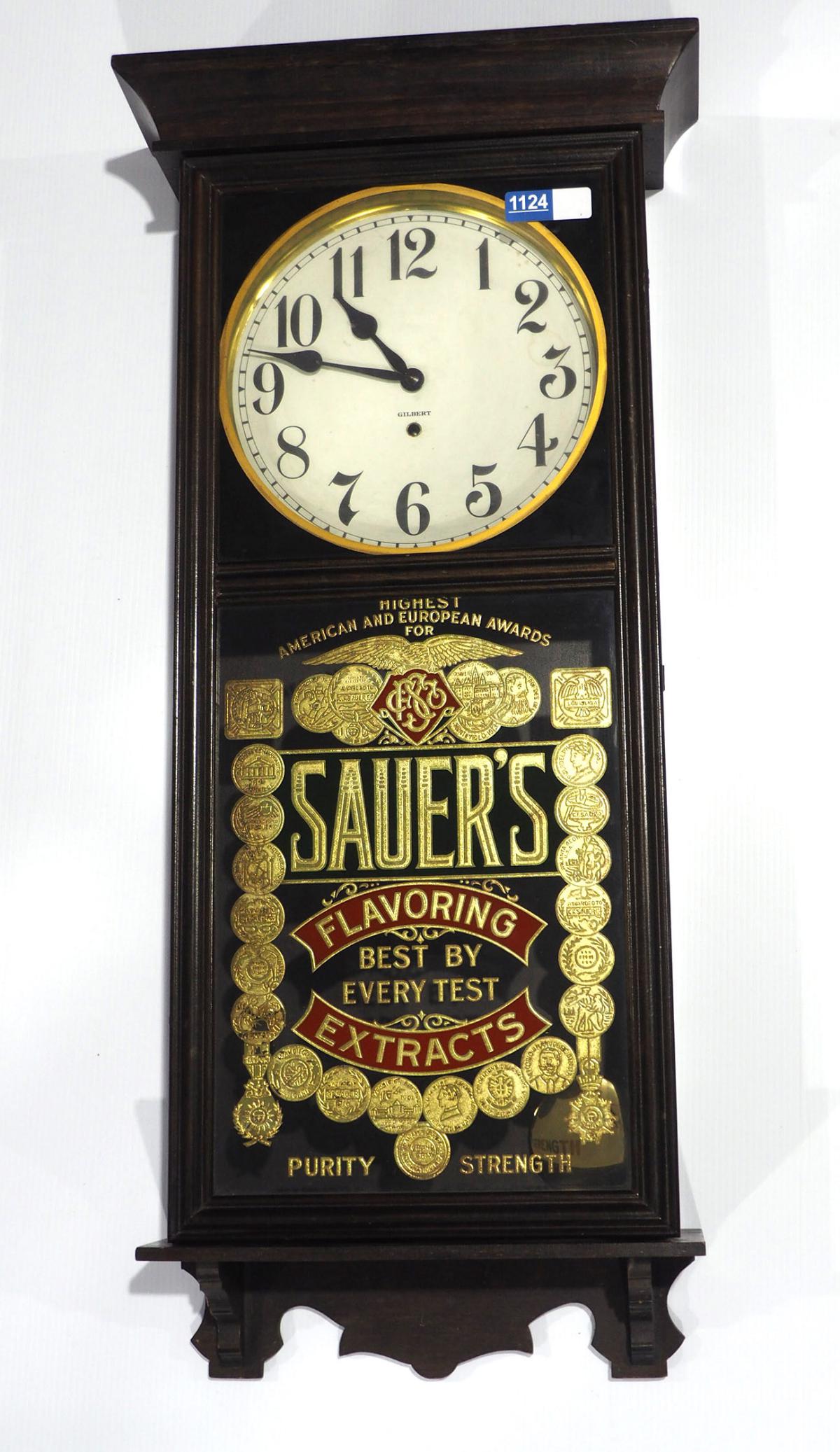 Sauers Extracts clock by Gilbert: 18"x36" Gilbert key-wind clock advertising Sauers Extracts, comes with key!