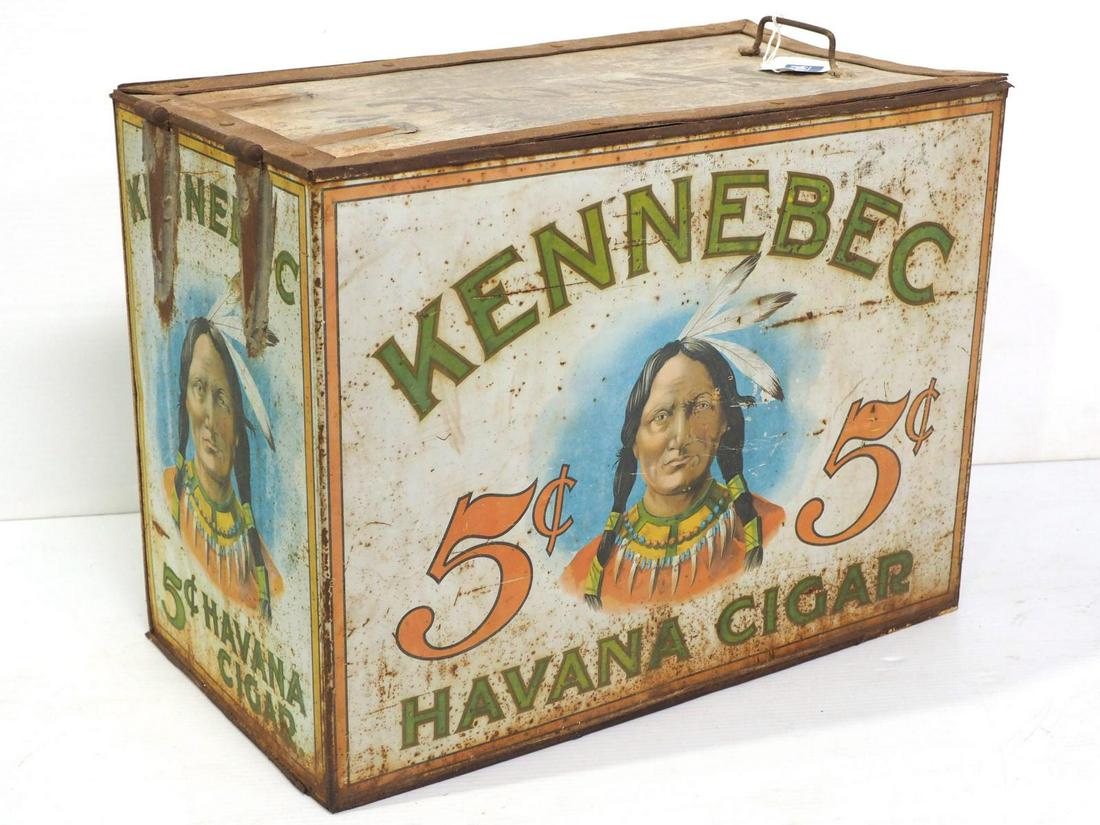Kennebec Havana Cigar box: 19"x10"x14" metal Kennebec 5-cent Havana Cigar box -Fair, hinges have weld repairs