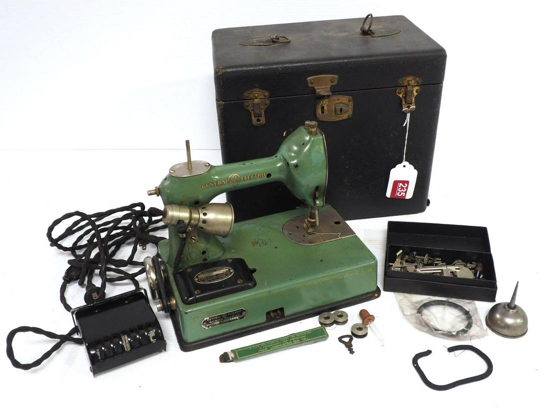 GE Featherlite sewing machine: GE Featherlite electric sewing machine in case, Model A, Serial #1852, runs